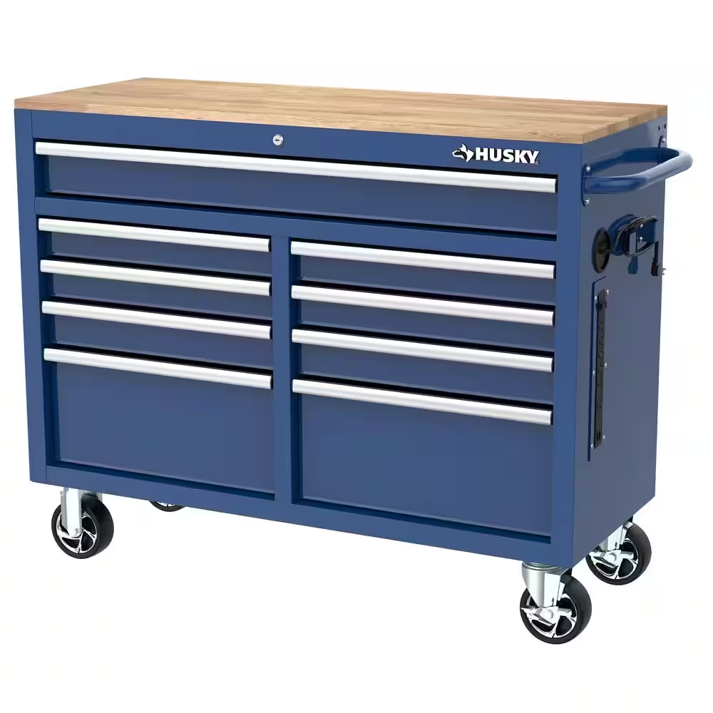 Husky 46 in. 9-Drawer Mobile Workbench with Solid Wood Top